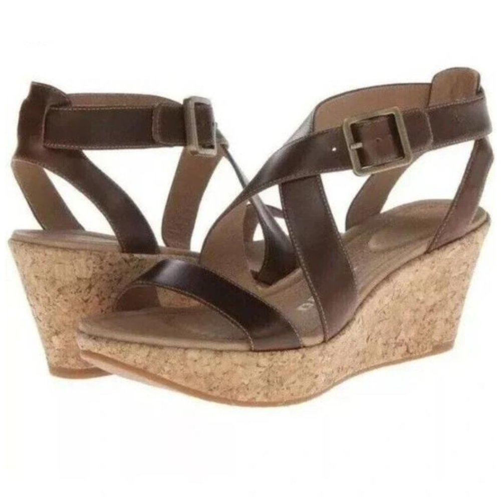 Tsubo Oliviette Brown leather Sandal Cork Wedge Heel Platform Size 7